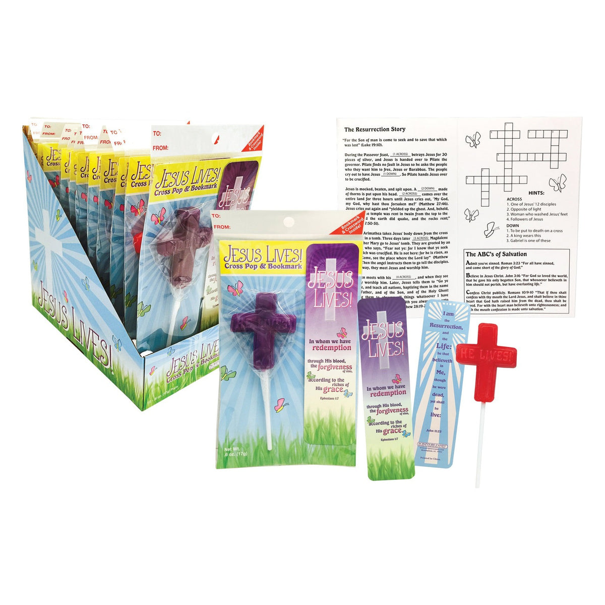 Close-up of Scripture Candy Easter Sampler 3-Pack as it comes out of the package