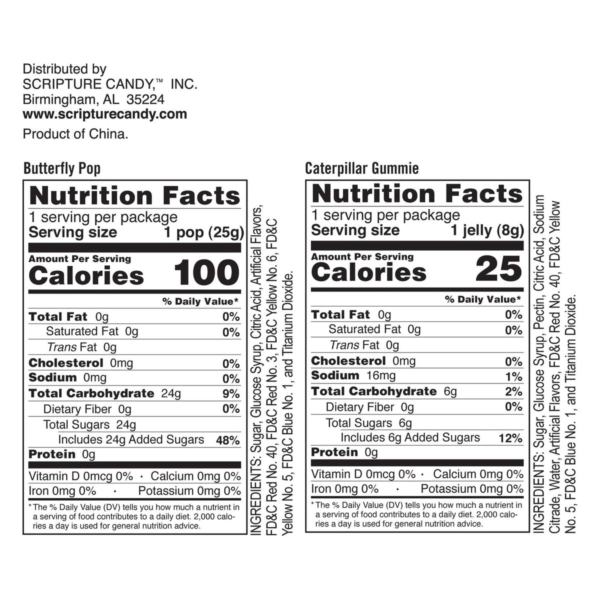 Nutrition facts and ingredient panel for Scripture Candy Easter Sampler 3-Pack