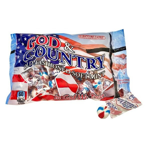 Scripture Candy God & Country Red, White & Blue Soft Mints, front of the package