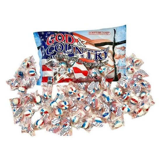 Close-up of Scripture Candy God & Country Red, White & Blue Soft Mints as it comes out of the package