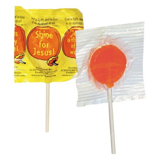 Close-up of Scripture Candy Harvest Cards & Orange Lollipops as it comes out of the package