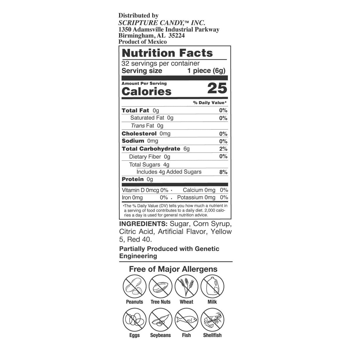 Nutrition facts and ingredient panel for Scripture Candy Harvest Cards & Orange Lollipops