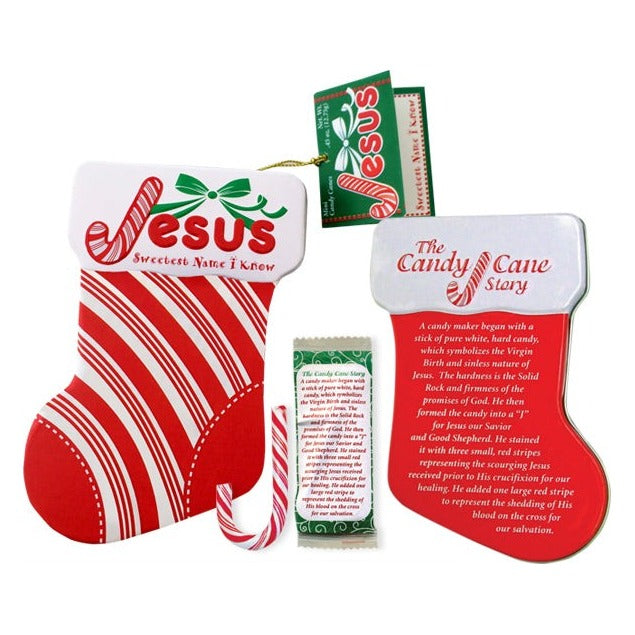 Close-up of Scripture Candy Jesus Sweetest Name I Know Stocking Tin as it comes out of the package