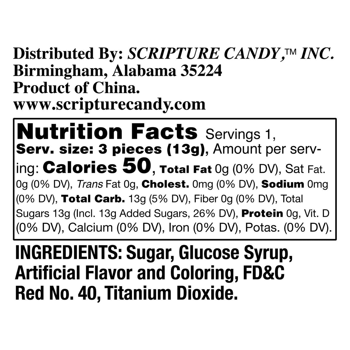 Nutrition facts and ingredient panel for Scripture Candy Jesus Sweetest Name I Know Stocking Tin