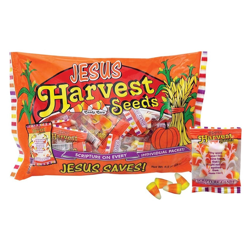 Scripture Candy Jesus Harvest Seeds Candy Corn, front of the package
