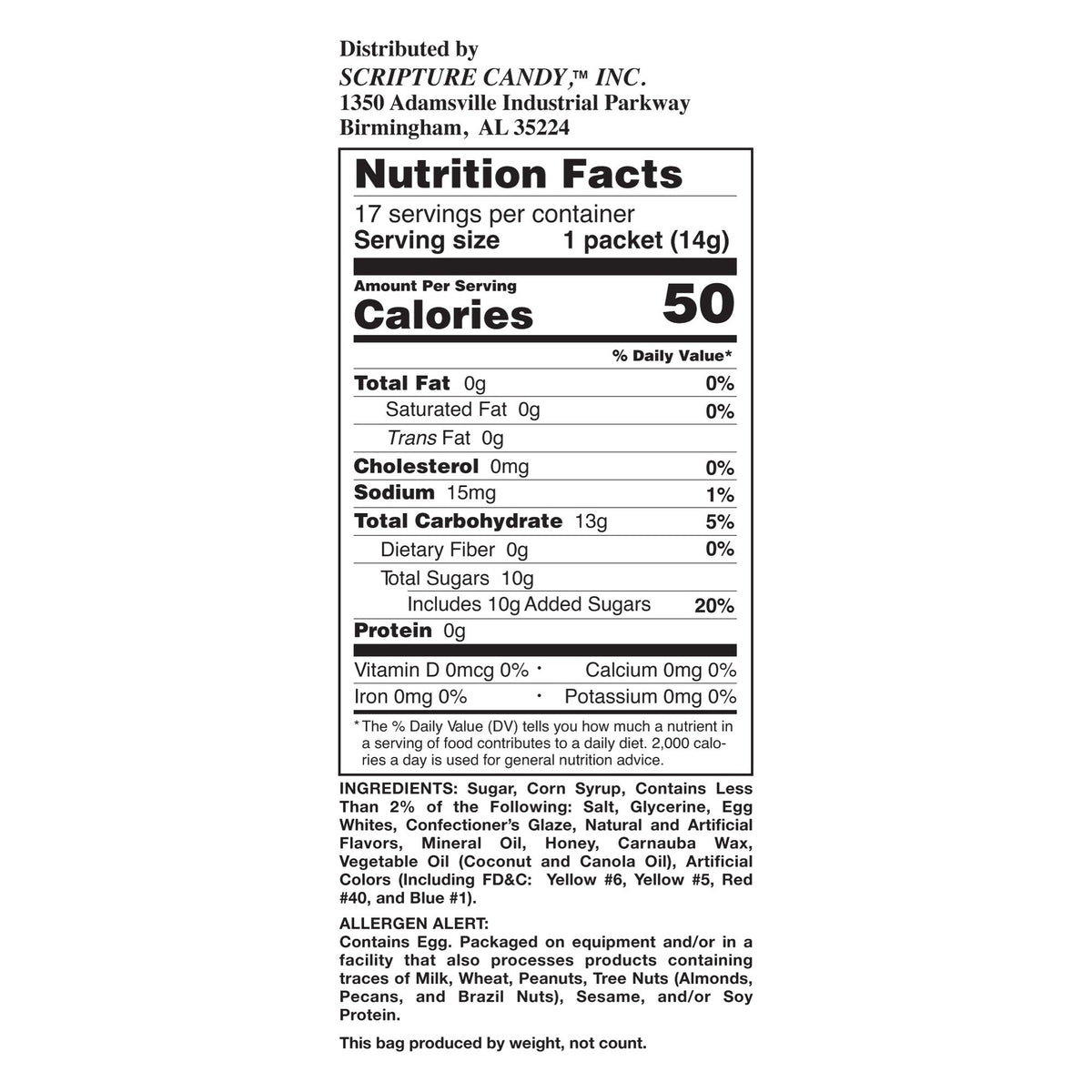 Nutrition facts and ingredient panel for Scripture Candy Jesus Harvest Seeds Candy Corn