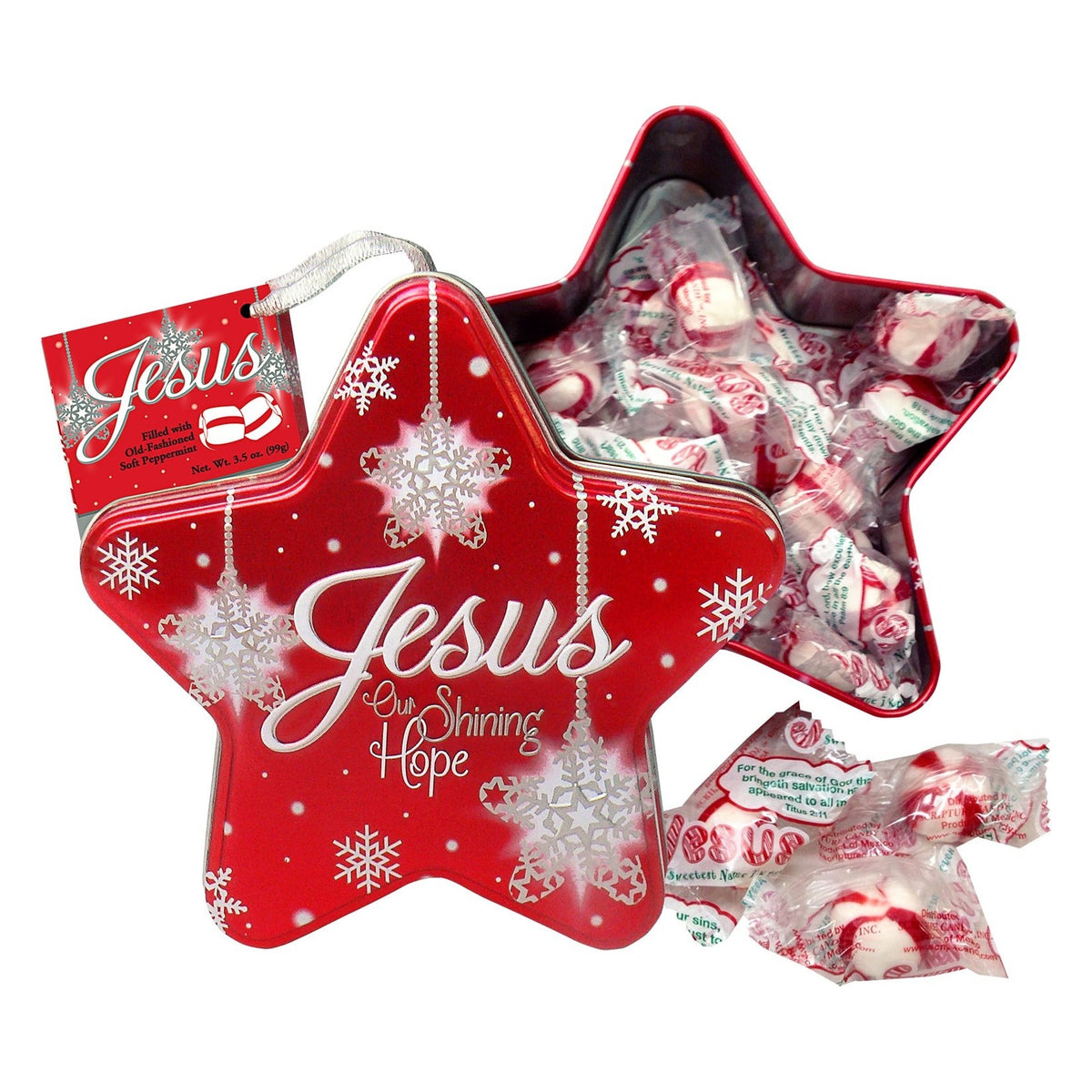 Close-up of Scripture Candy Jesus Our Shining Hope Star Tin with Soft Peppermints as it comes out of the package