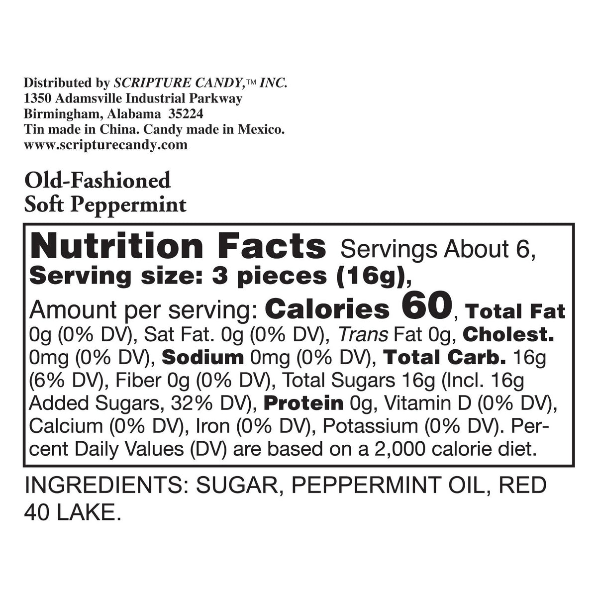 Nutrition facts and ingredient panel for Scripture Candy Jesus Our Shining Hope Star Tin with Soft Peppermints
