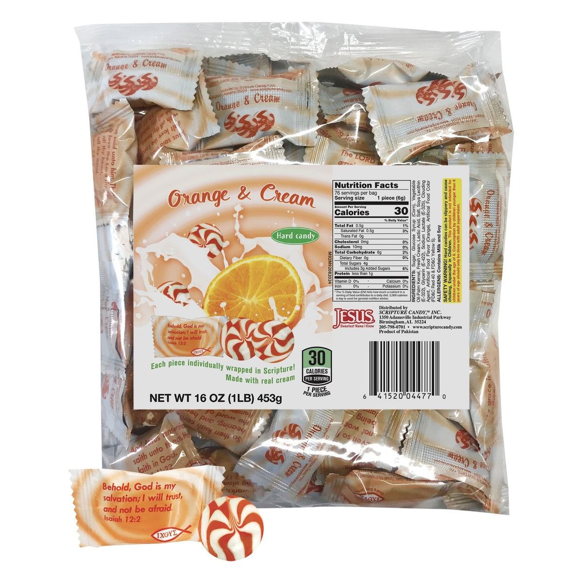 Scripture Candy Orange & Cream Hard Candy, front of the package