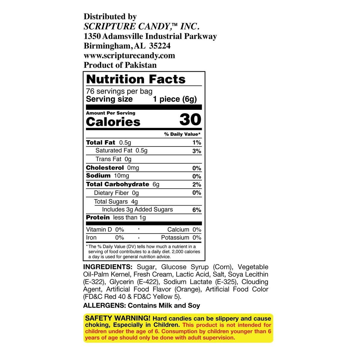 Nutrition facts and ingredient panel for Scripture Candy Orange & Cream Hard Candy