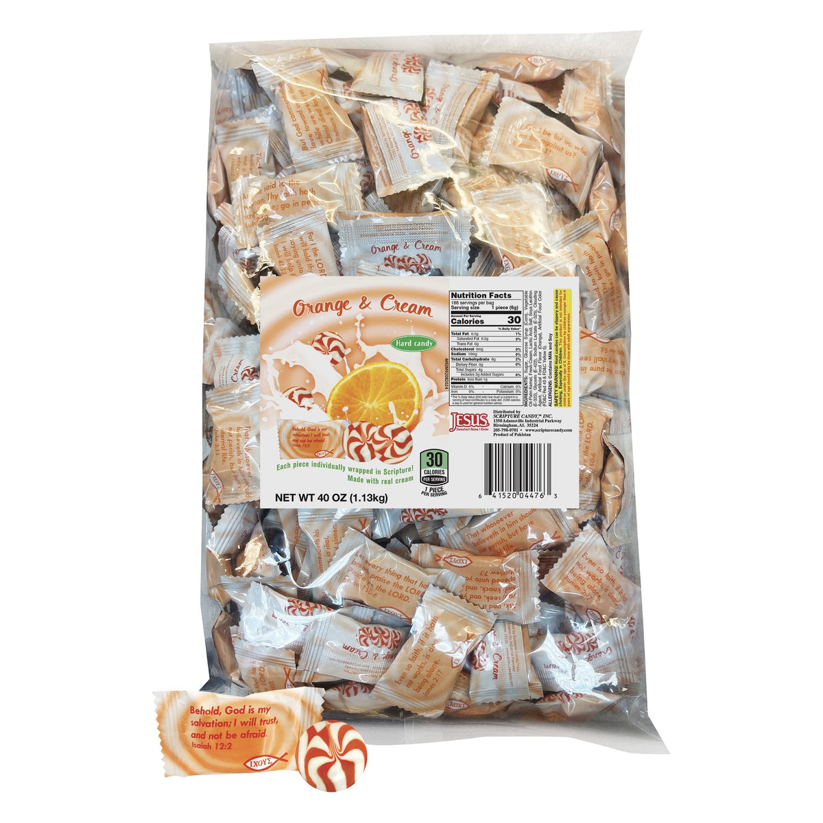 Scripture Candy Orange & Cream Hard Candy, front of the package