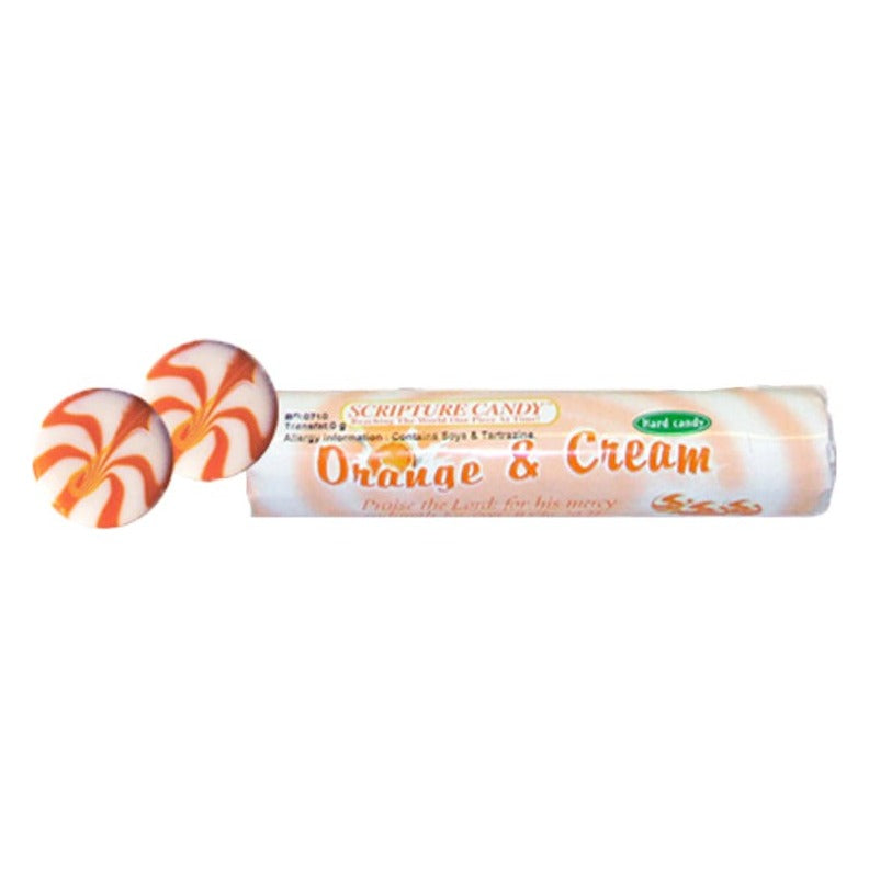 Close-up of Scripture Candy Orange & Cream Hard Candy Roll as it comes out of the package