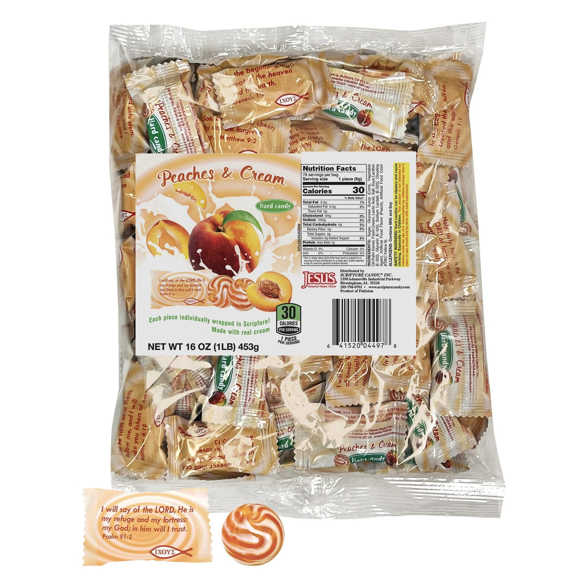 Scripture Candy Peaches & Cream Hard Candy, front of the package