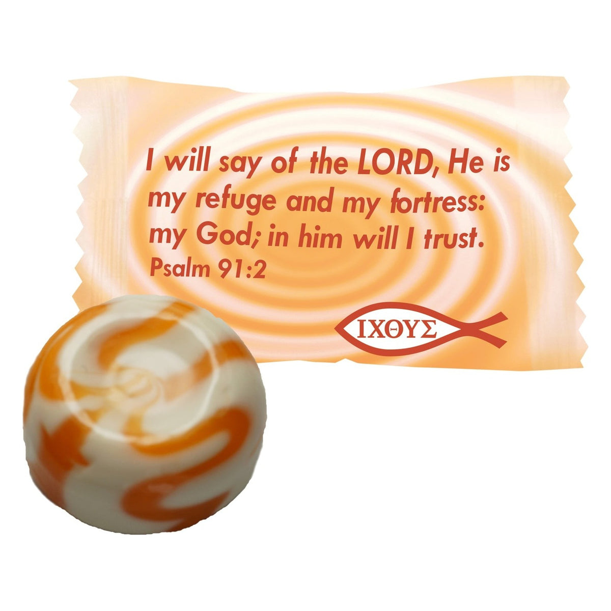 Close-up of Scripture Candy Peaches & Cream Hard Candy as it comes out of the package