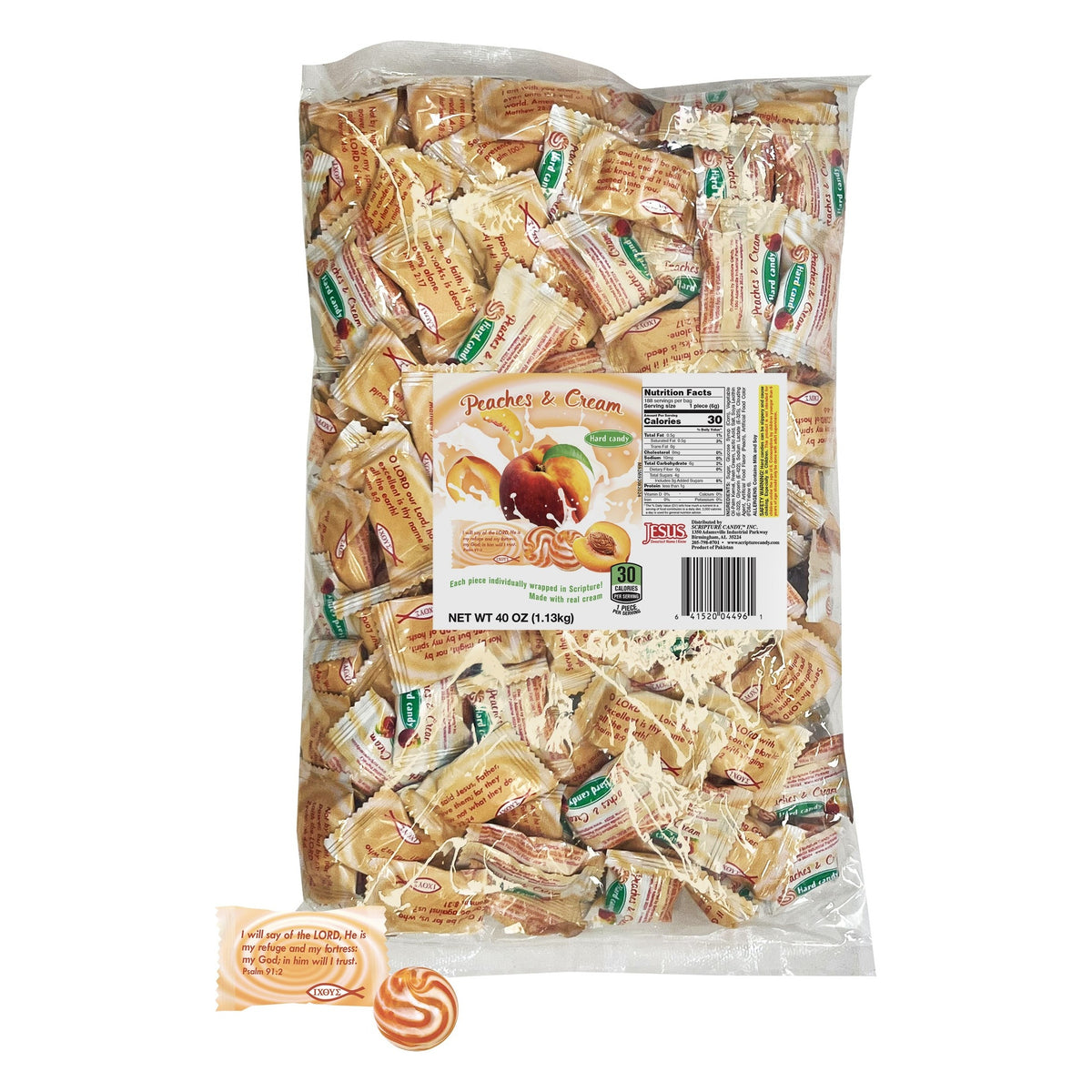 Scripture Candy Peaches & Cream Hard Candy, front of the package