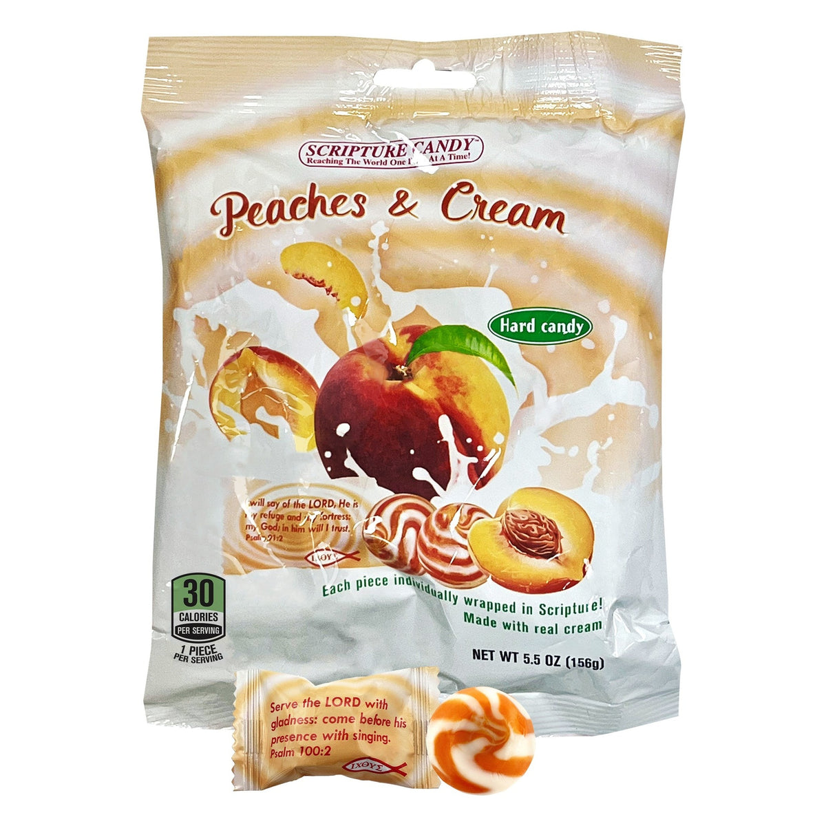 Scripture Candy Peaches & Cream Hard Candy, front of the package