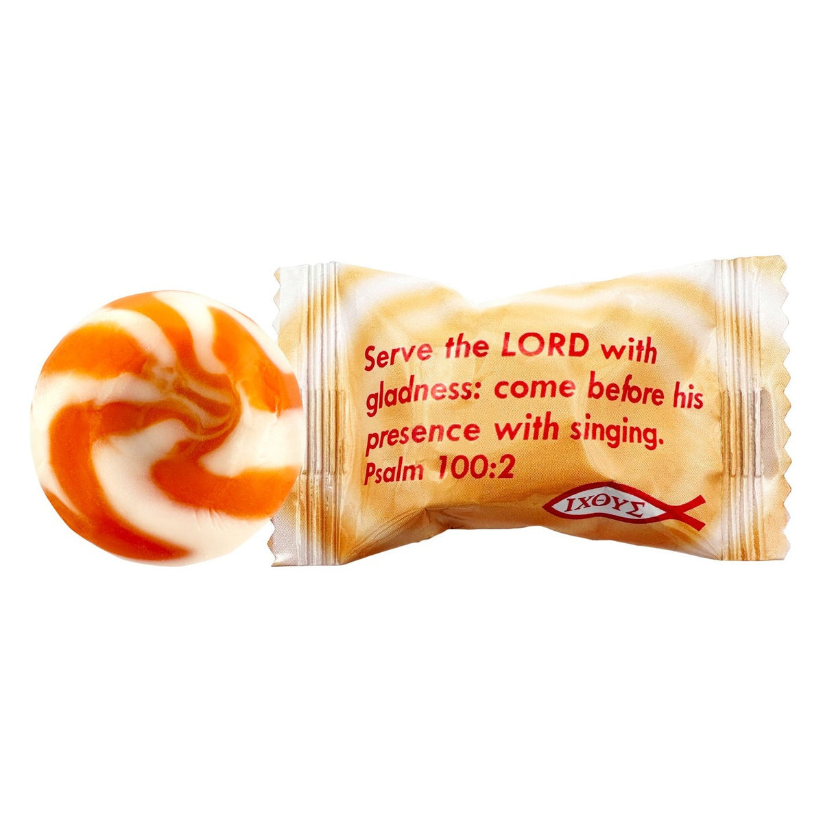Close-up of Scripture Candy Peaches & Cream Hard Candy as it comes out of the package