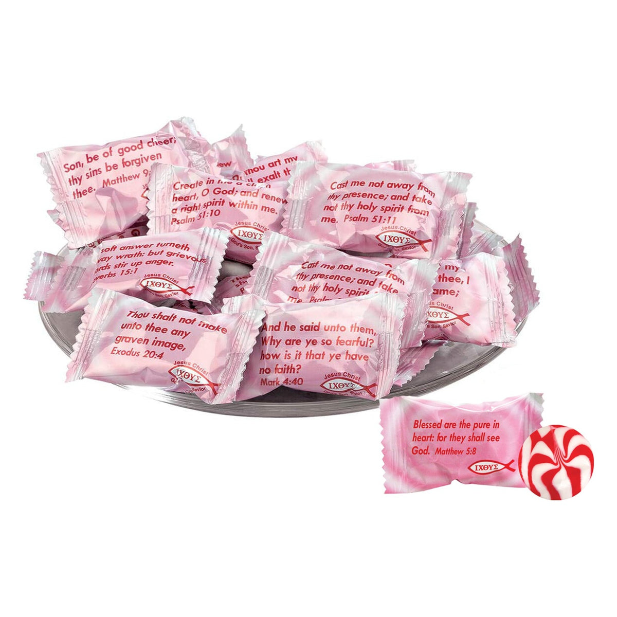 Close-up of Scripture Candy Strawberry & Cream Hard Candy as it comes out of the package