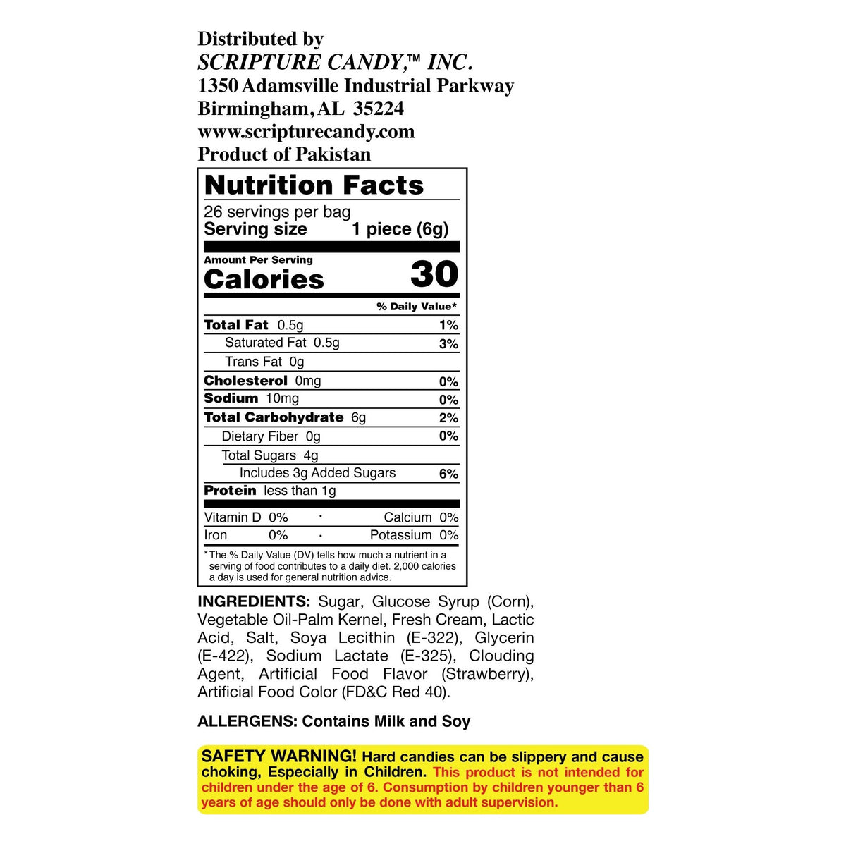 Nutrition facts and ingredient panel for Scripture Candy Strawberry & Cream Hard Candy