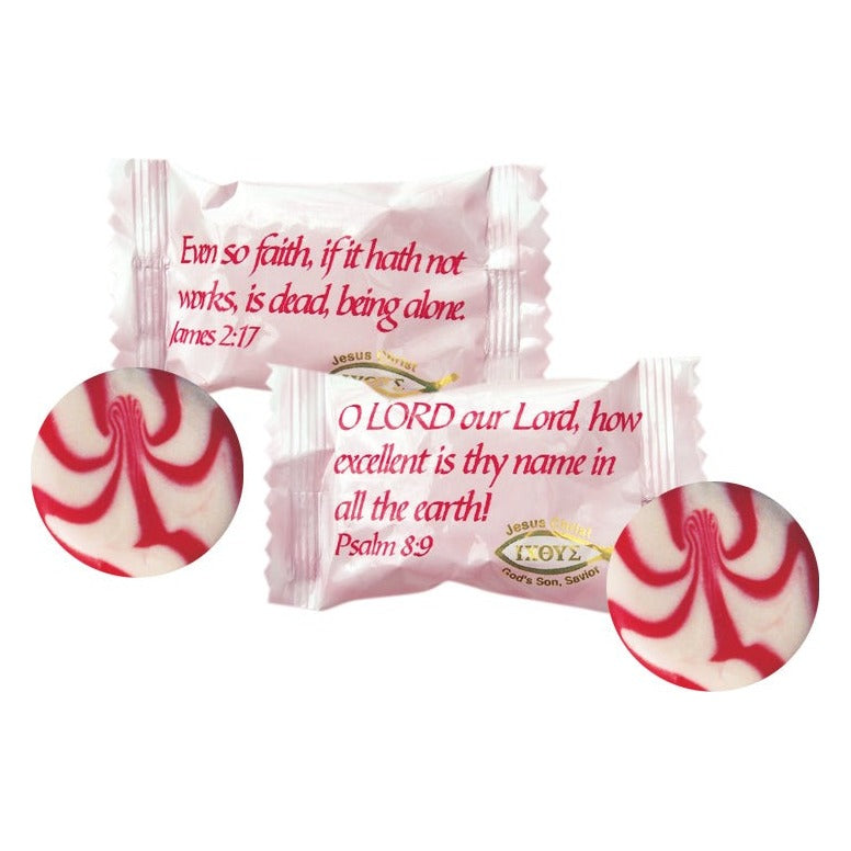 Close-up of Scripture Candy Strawberries & Cream Hard Candy as it comes out of the package