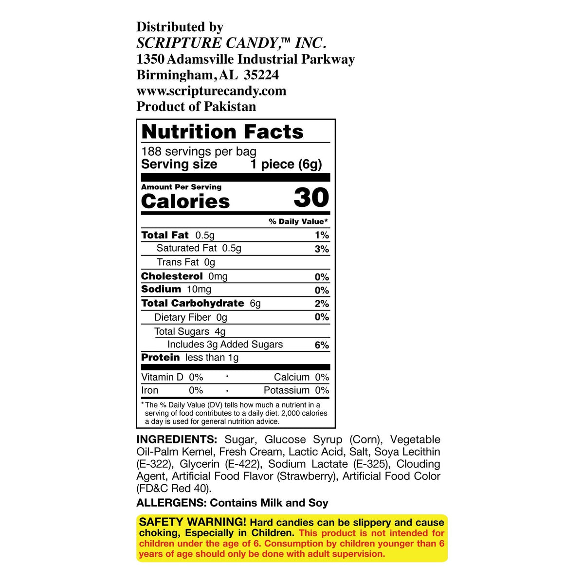 Nutrition facts and ingredient panel for Scripture Candy Strawberries & Cream Hard Candy