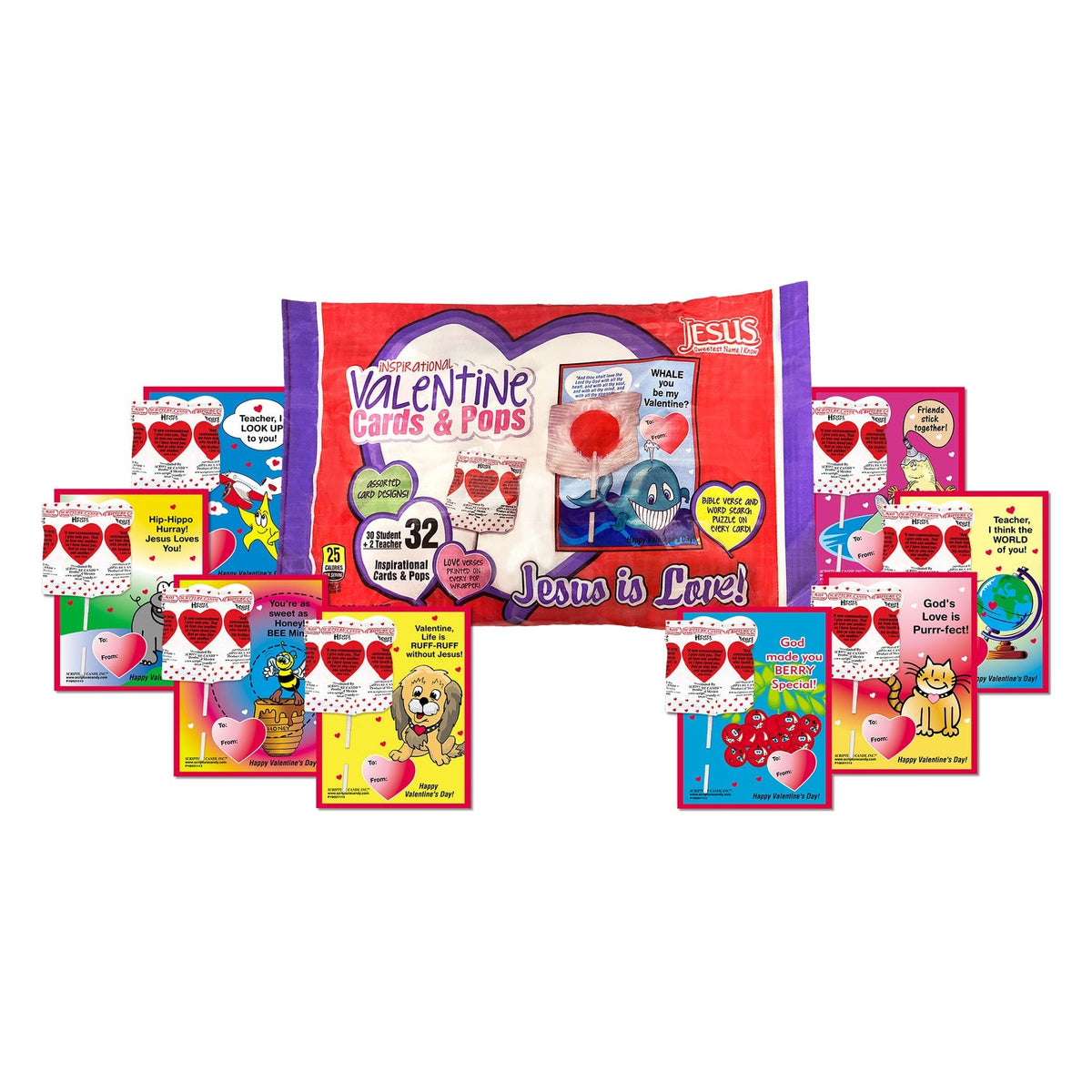 Close-up of Scripture Candy Valentine Cherry Pops & Cards as it comes out of the package