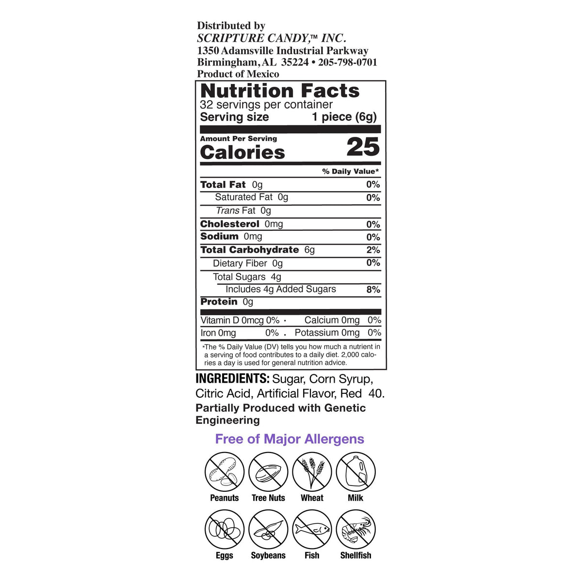 Nutrition facts and ingredient panel for Scripture Candy Valentine Cherry Pops & Cards