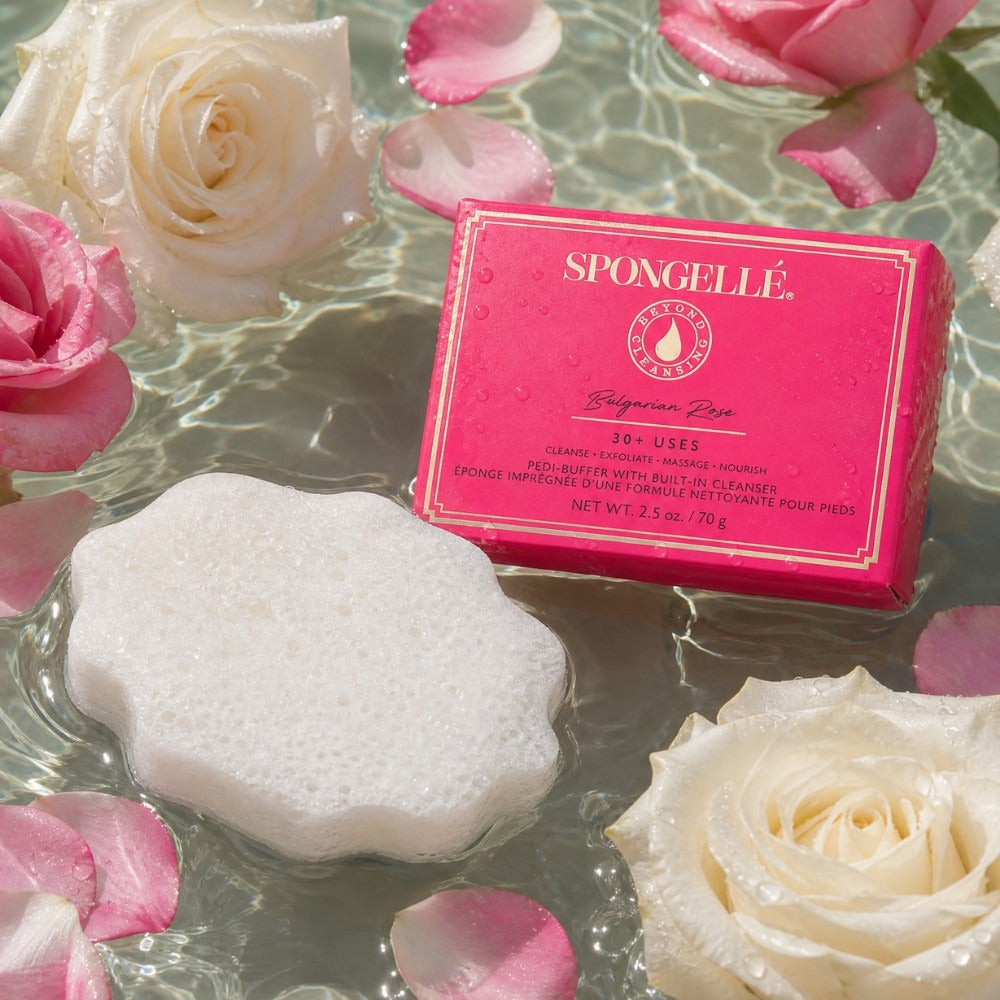 Spongellé Bulgarian Rose Pedi-Buffer styled on a table