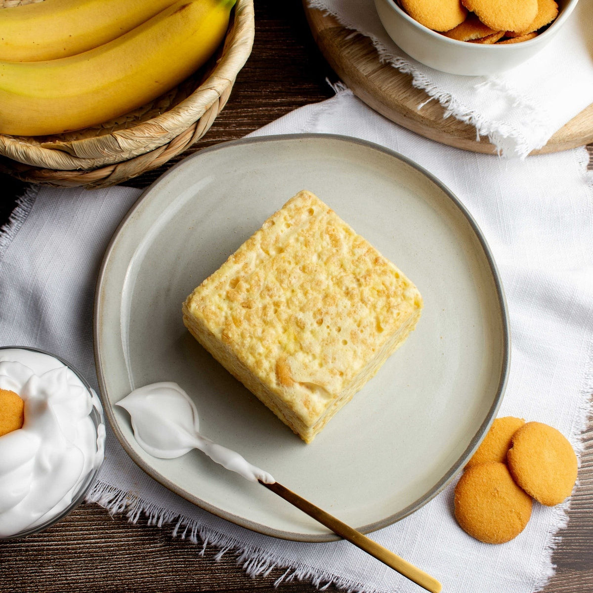 The Crispery Banana Pudding Crispycake, Marshmallow Crispy Rice Treat styled on a table