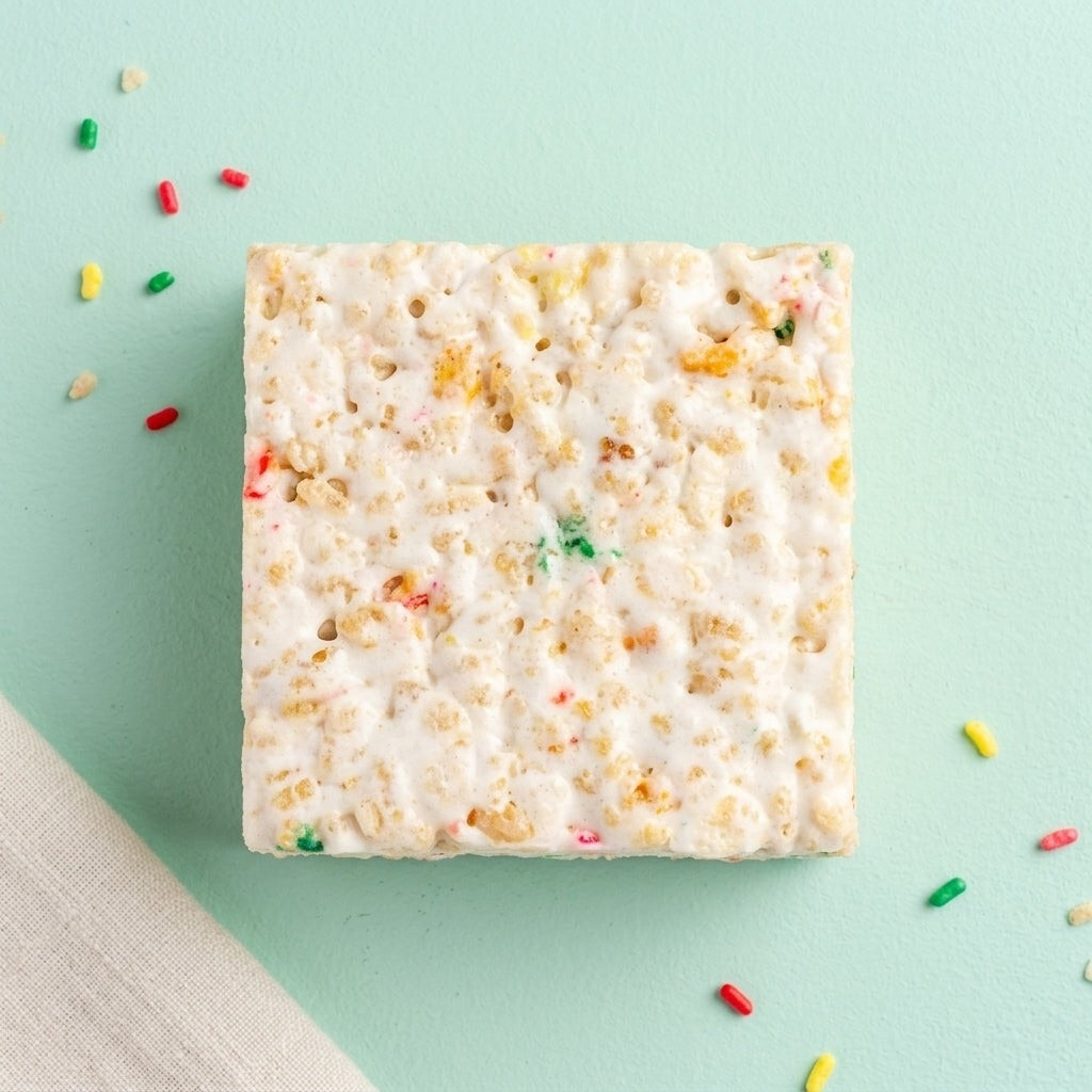 The Crispery Confetti Crispycake, Marshmallow Crispy Rice Treat styled on a table