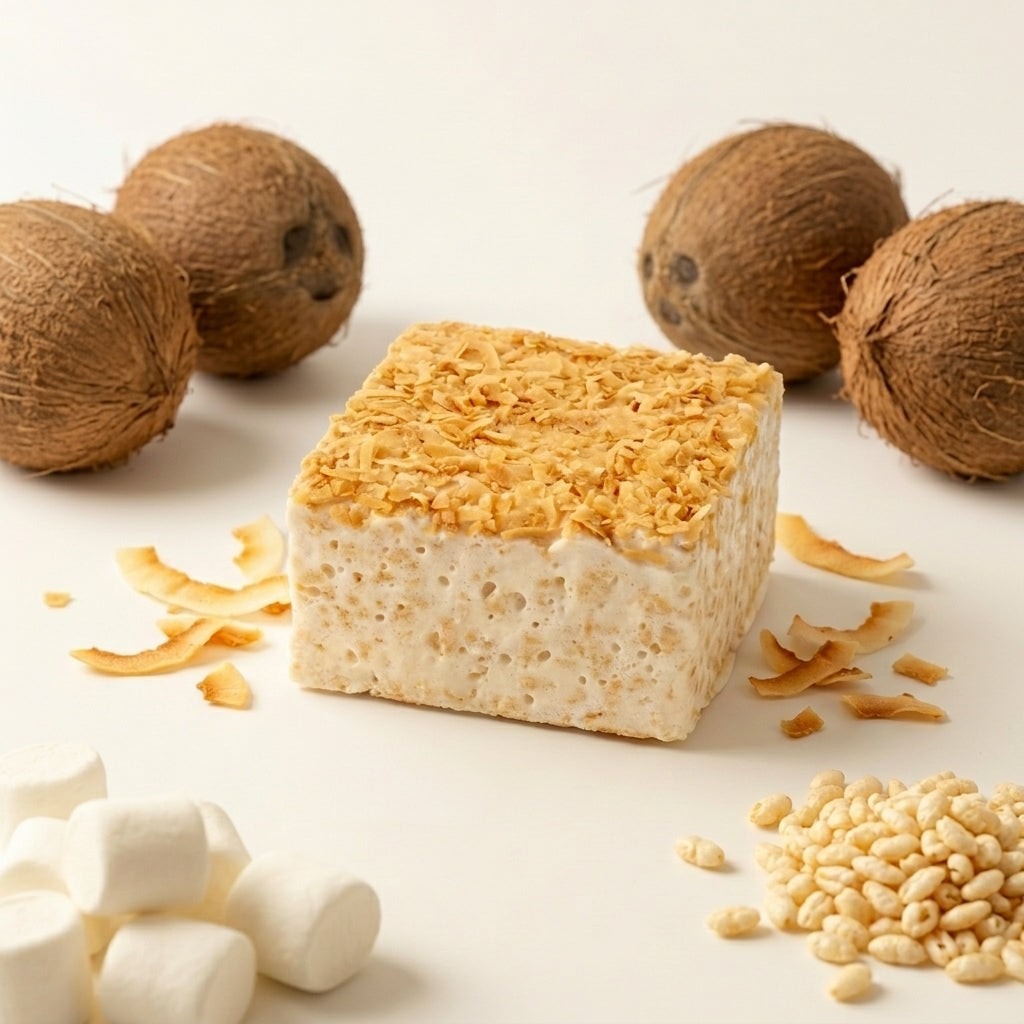 The Crispery Toasted Coconut Crispycake, Marshmallow Crispy Rice Treat styled on a table