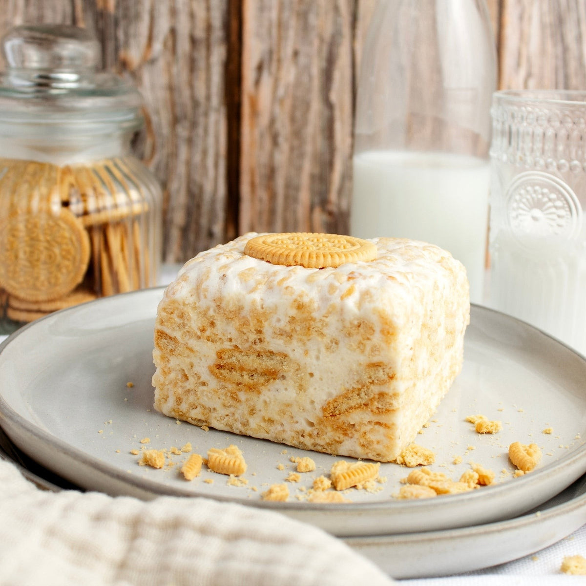 The Crispery Vanilla Cookies & Cream Crispycake, Marshmallow Crispy Rice Treat styled on a table