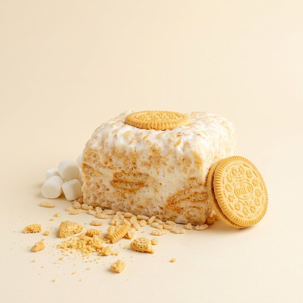 The Crispery Vanilla Cookies & Cream Crispycake, Marshmallow Crispy Rice Treat styled on a table