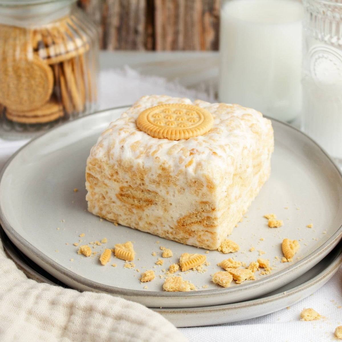 The Crispery Vanilla Cookies & Cream Crispycake, Marshmallow Crispy Rice Treat styled on a table