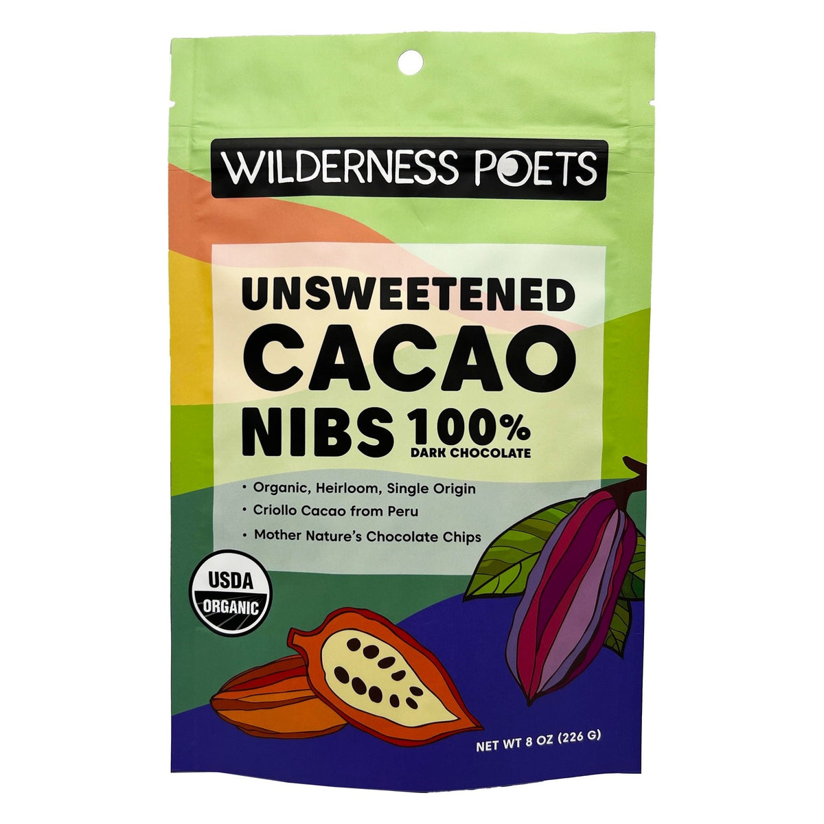 Wilderness Poets Peruvian Criollo Cacao Nibs, Unsweetened, front of the package