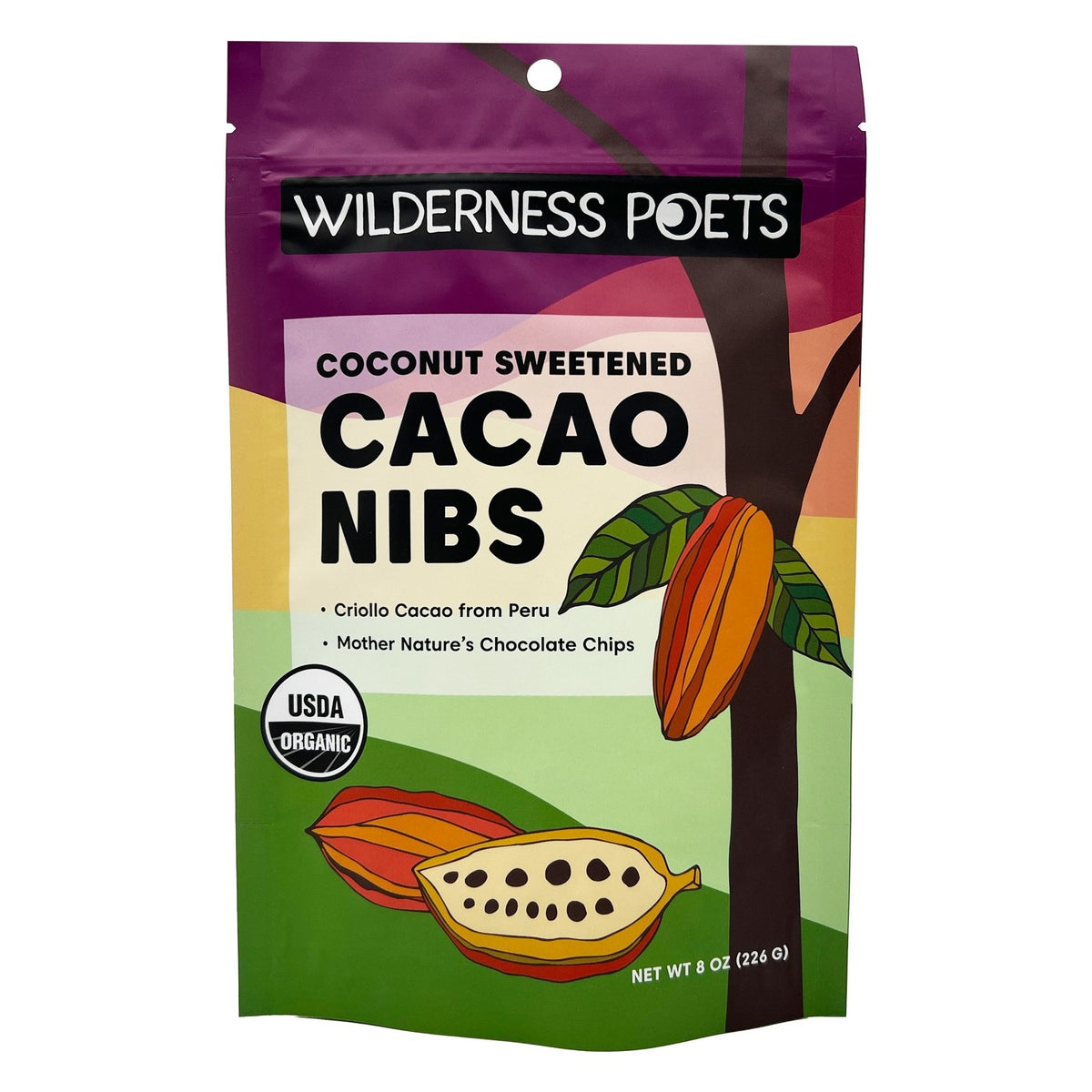 Wilderness Poets Coconut Sweetened Cacao Nibs, front of the package