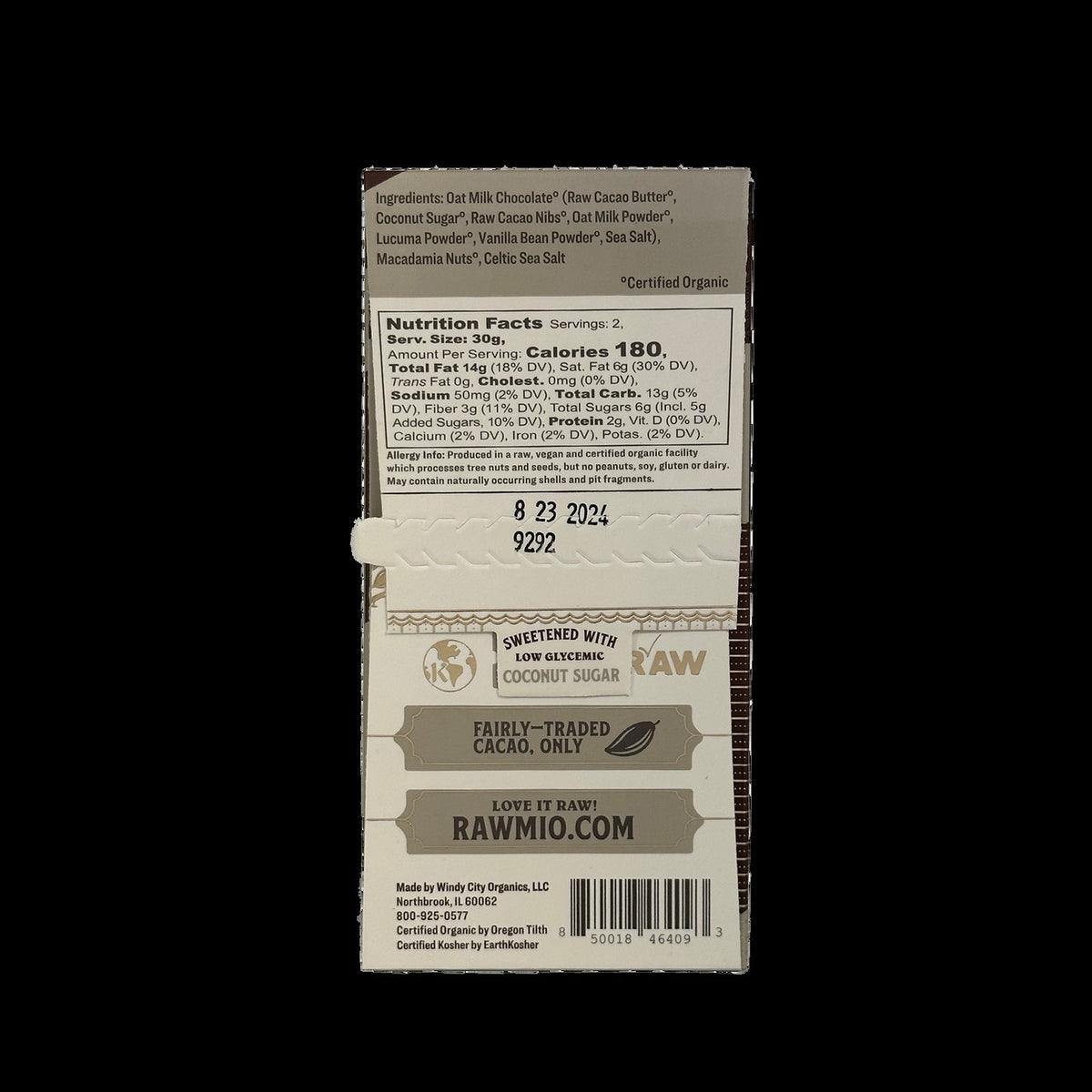 Back of the Windy City Organics Rawmio Oat Milk Chocolate Bark, Macadamia Sea Salt package, with ingredients and brewing instructions