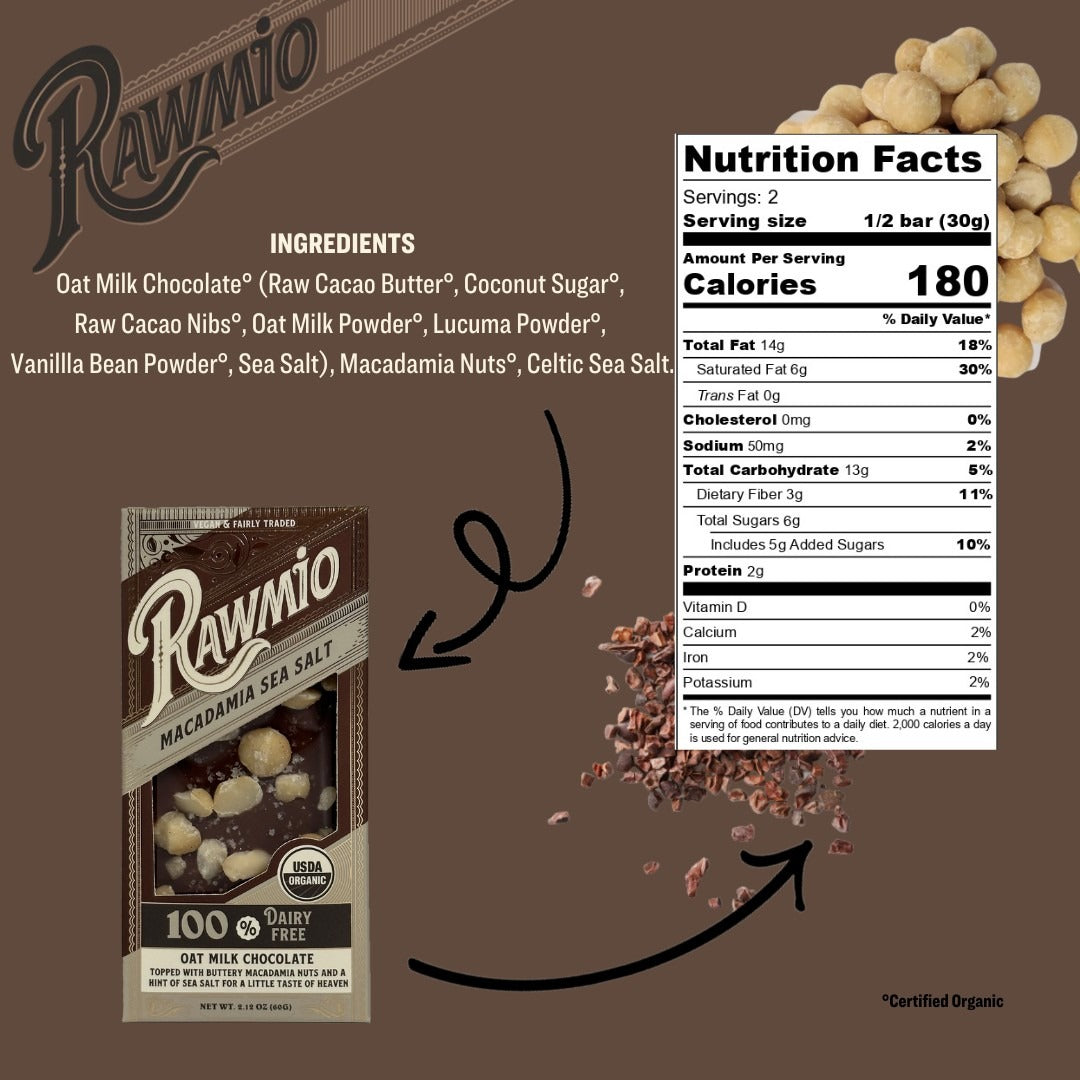 Nutrition facts and ingredient panel for Windy City Organics Rawmio Oat Milk Chocolate Bark, Macadamia Sea Salt