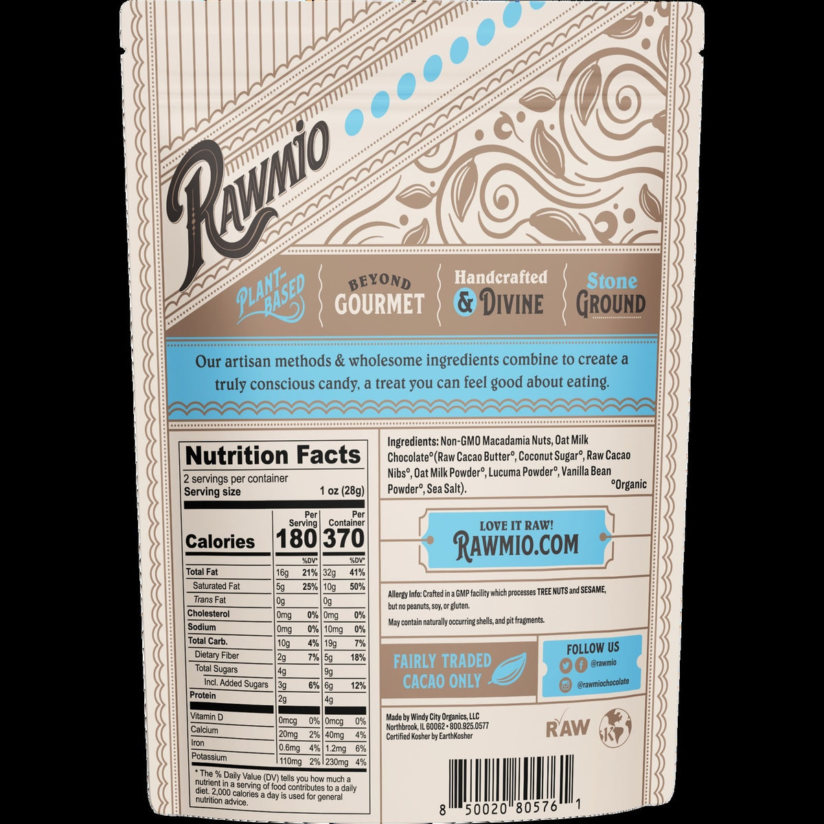 Back of the Windy City Organics Rawmio Oat Milk Chocolate Covered Macadamia Nuts package, with ingredients and brewing instructions