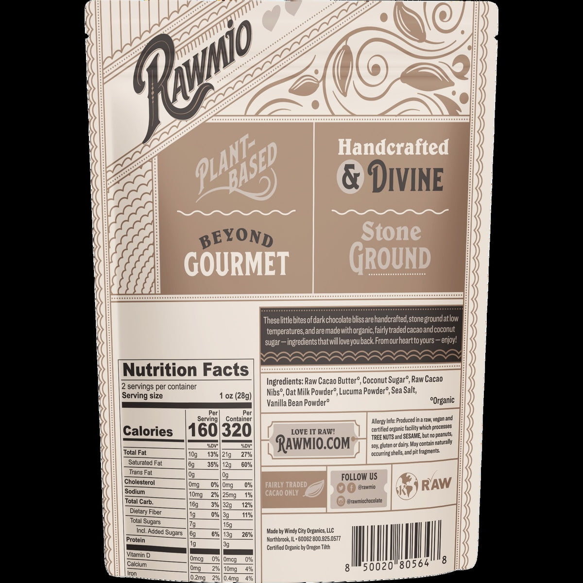 Back of the Windy City Organics Rawmio Oat Milk Chocolate Hearts package, with ingredients and brewing instructions