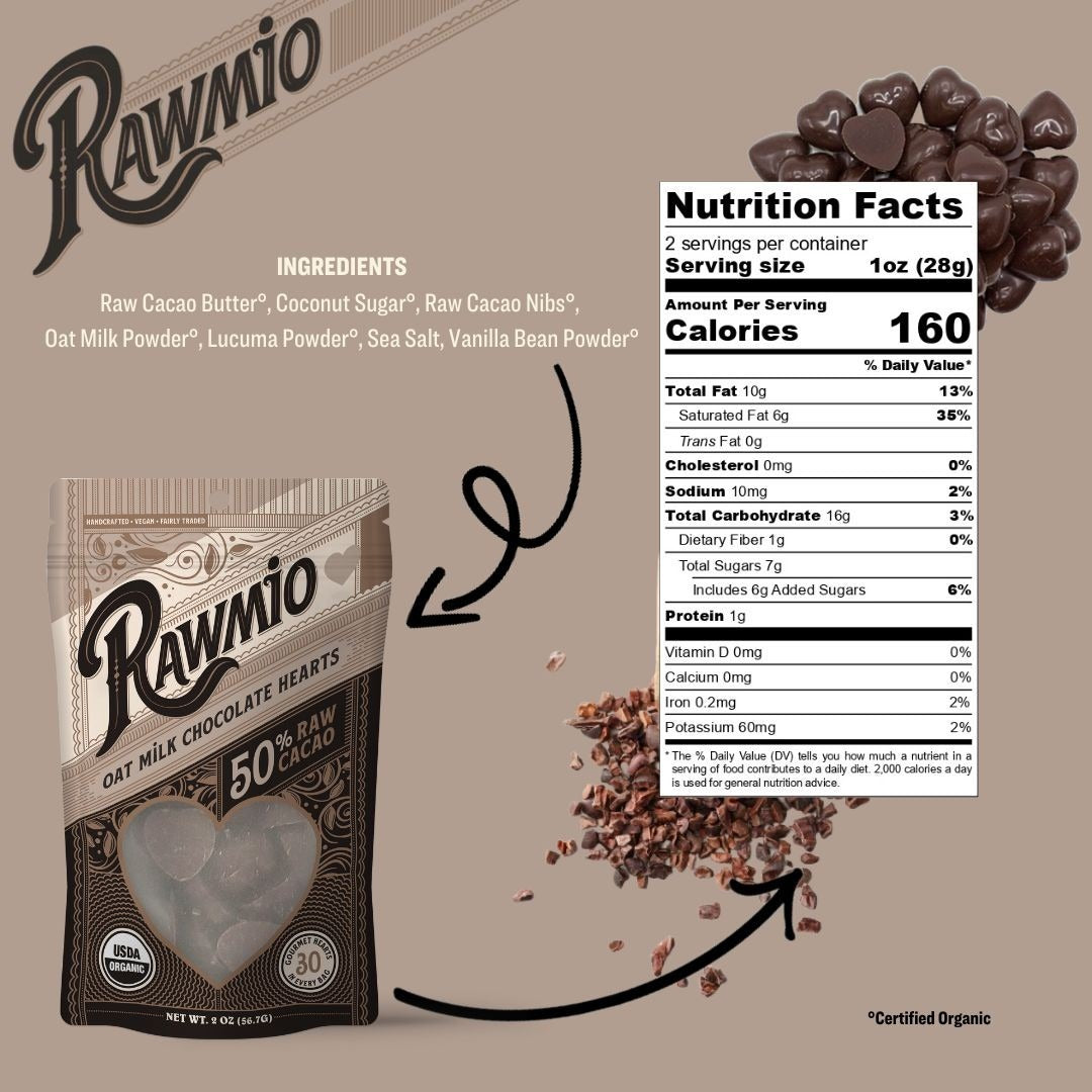 Nutrition facts and ingredient panel for Windy City Organics Rawmio Oat Milk Chocolate Hearts