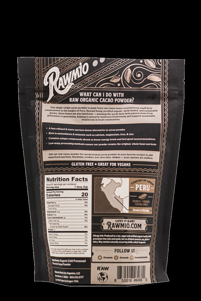Back of the Windy City Organics Rawmio Raw Cacao Powder package, with ingredients and brewing instructions