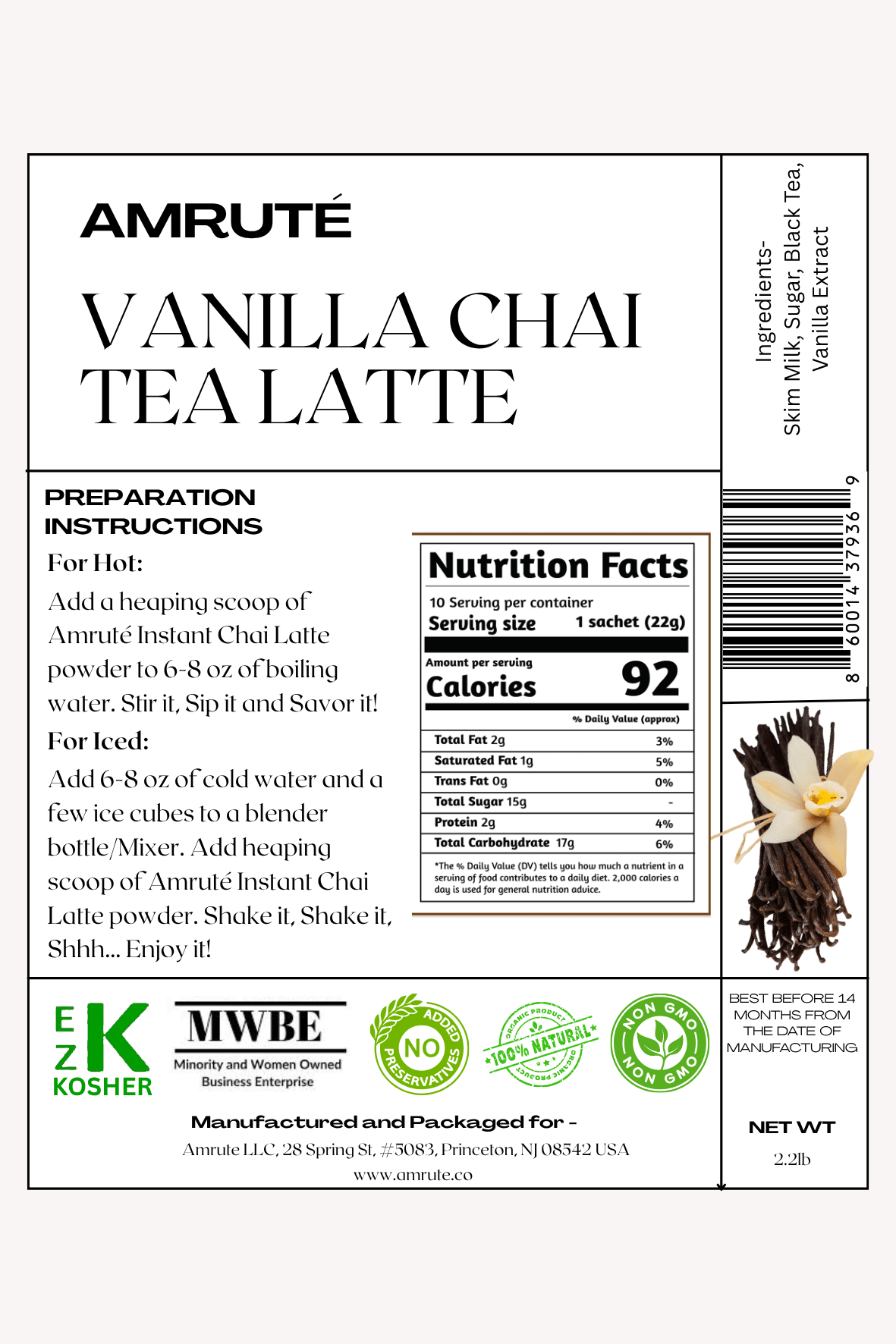 Amruté Chai Tea Latte 2.2lb Bag Van002