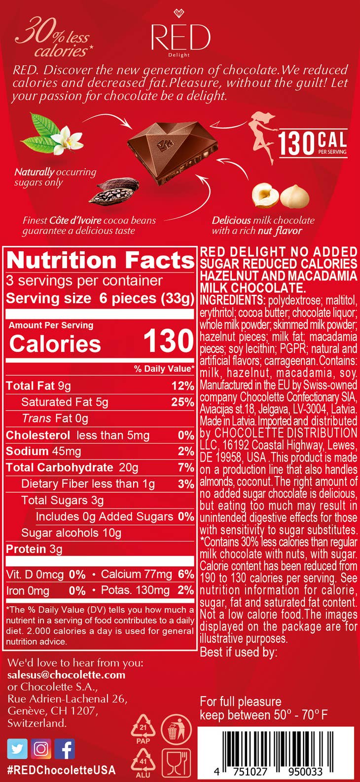 Red Milk Chocolate With Hazelnut & Macadamia, No Sugar Added RED-103
