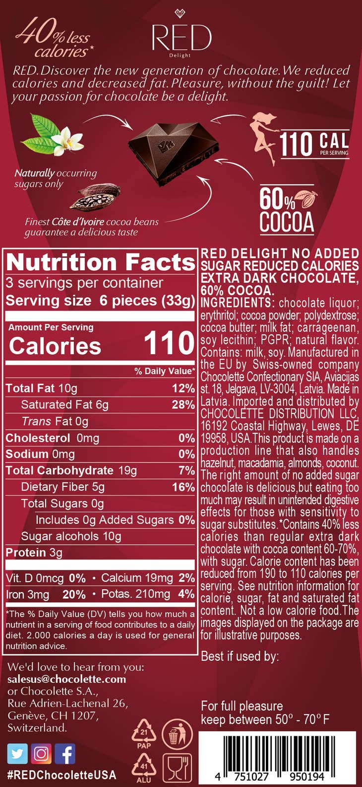 Red Extra Dark Chocolate, No Sugar Added RED-104