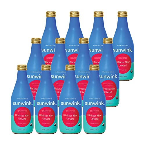 Sunwink Hibiscus Mint Unwind Lot de 12 toniques pétillants | Boisson bio sans alcool à base d'ingrédients végétaux pour la détente | (12 onces) 