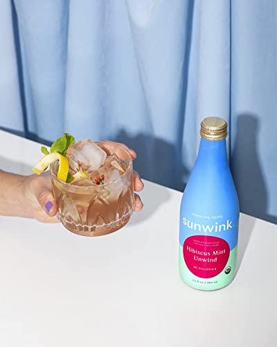 Tónico espumoso Sunwink Hibiscus Mint Unwind, paquete de 12 | Bebida ecológica sin alcohol con ingredientes vegetales para relajarse | (12 onzas) 