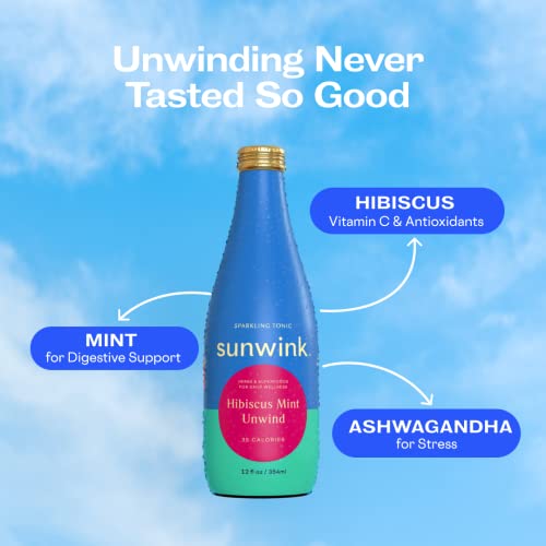 Sunwink Hibiscus Mint Unwind Sparkling Tonic 12-Pack | Organic, non-alcoholic drink with plant-based ingredients for relaxation | (12 oz)