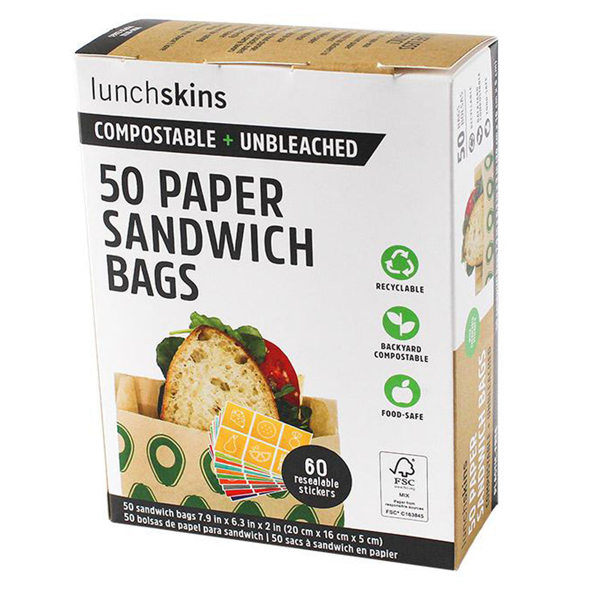 Sacs à sandwich en papier compostables et non blanchis avec autocollants refermables