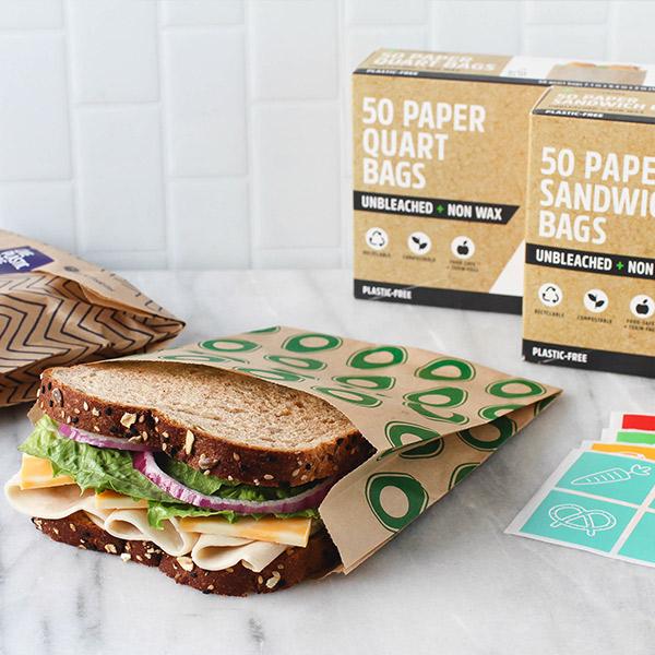 Sacs à sandwich en papier compostables et non blanchis avec autocollants refermables